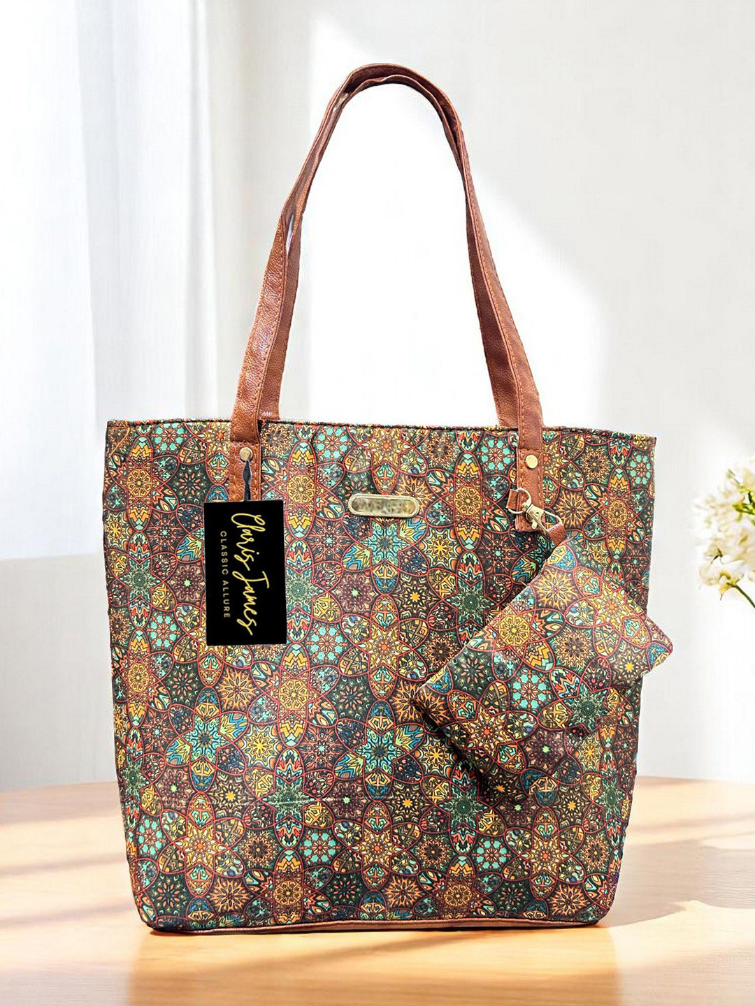 CLARIS JAMES Ethnic Motifs Printed PU Rangoli Tote Bag