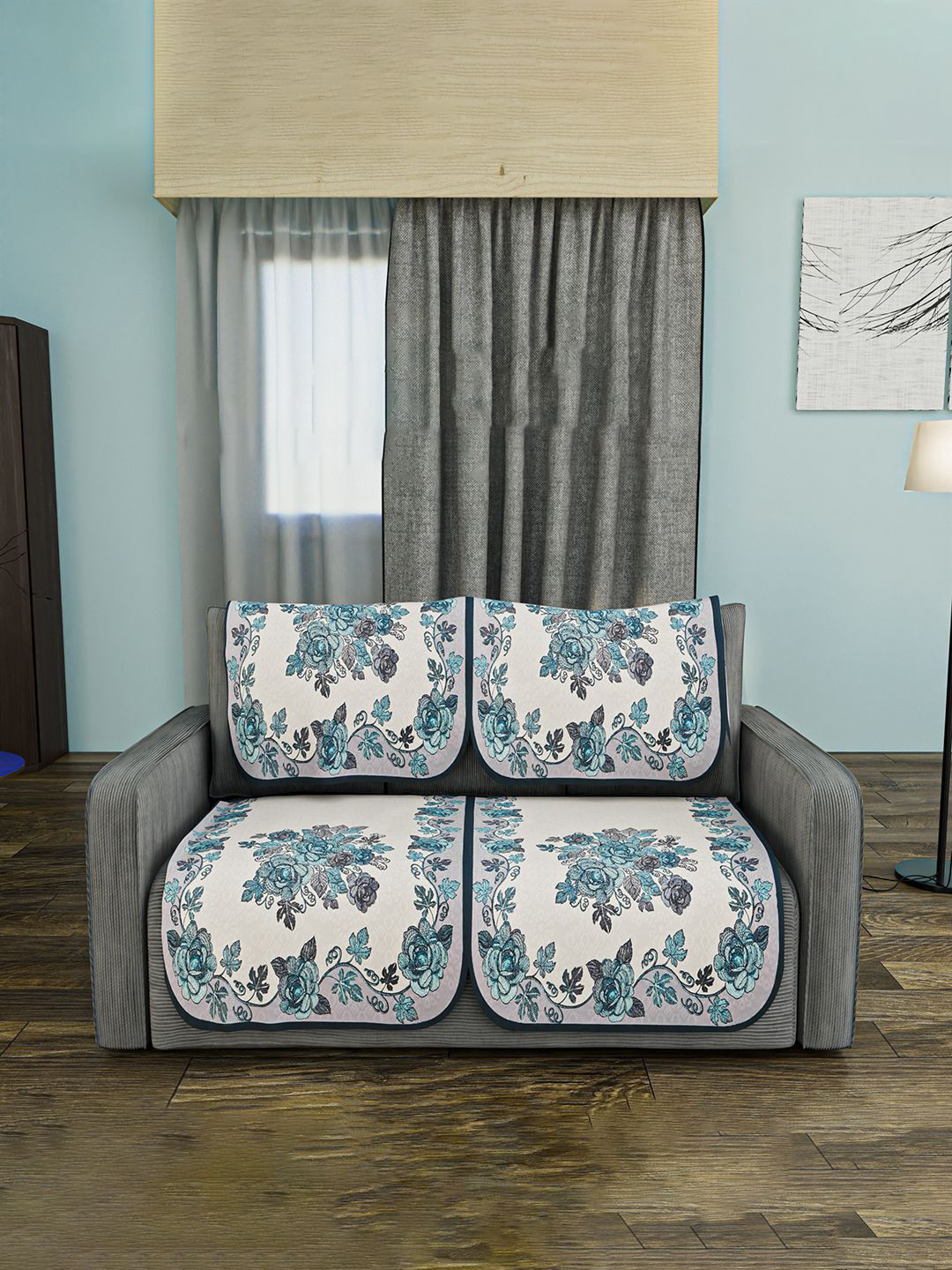 Kuber Industries Blue & White4 Pieces Floral Printed Cotton 2 Seater Sofa Covers