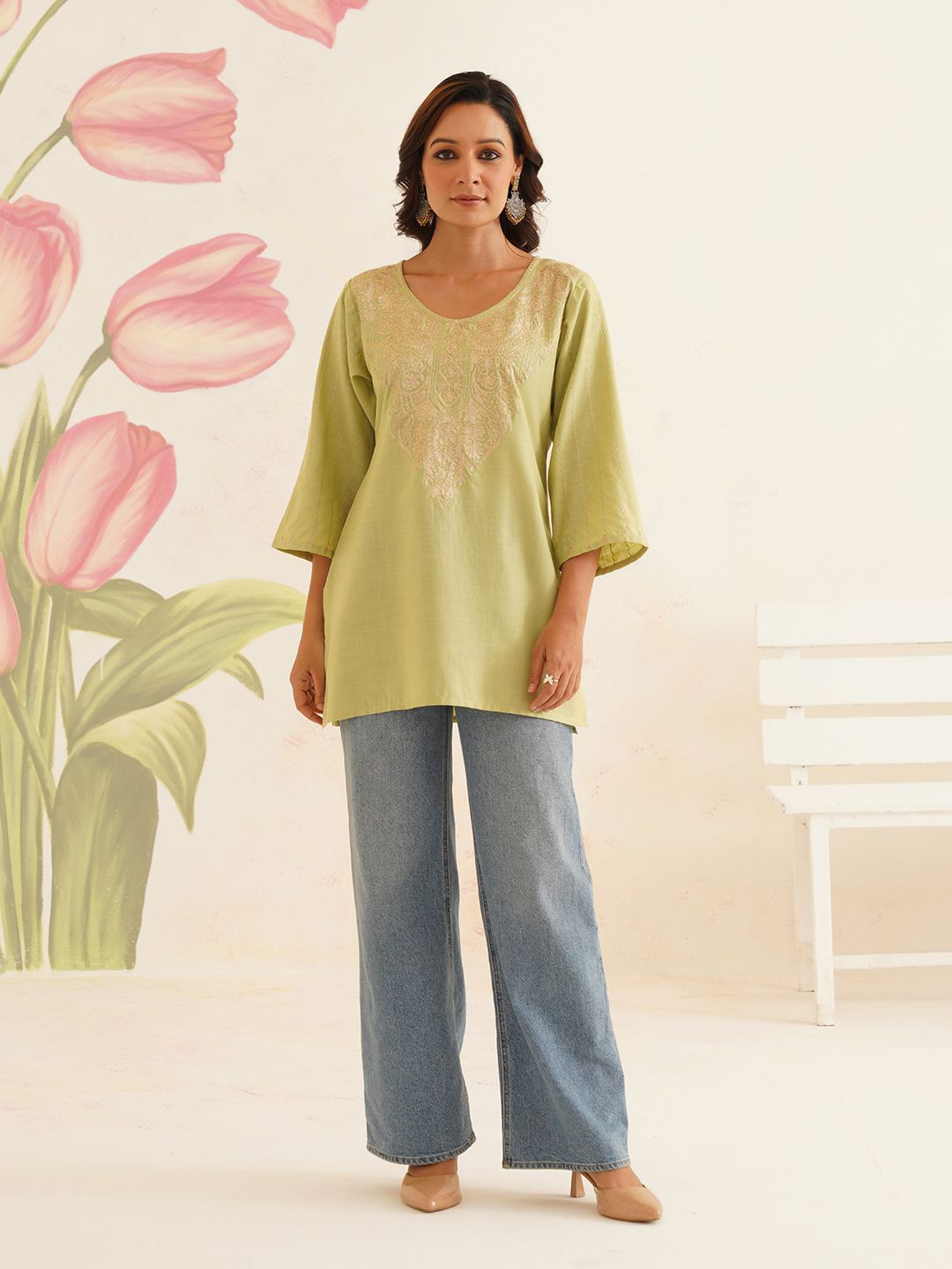 Kashmir Box Kashmiri Zari Embroidery Green Cotton Kurti