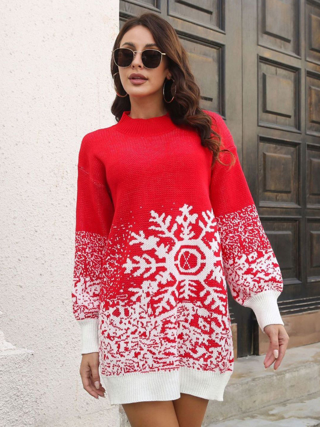 HERE&NOW Women High Neck Long Sleeves Sweater Mini Bodycon Dress