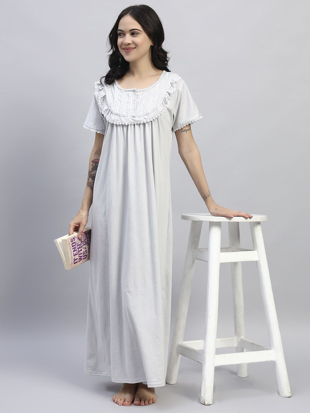SEPHANI Solid Pure Cotton Maxi Nightdress