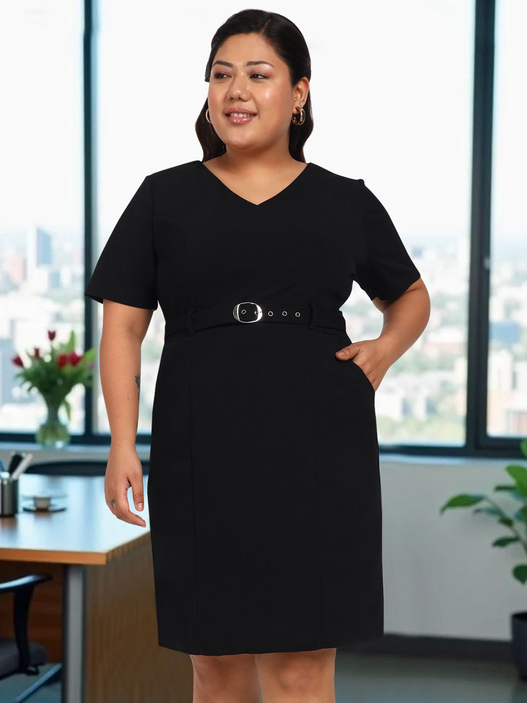 wild U Women Plus Size Solid Formal Dress With Belt