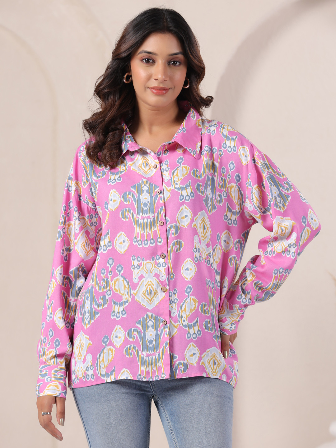 Zenava by Myntra Women's Viscose Ikat Print Pink Collar Casual Wear Shirt Top