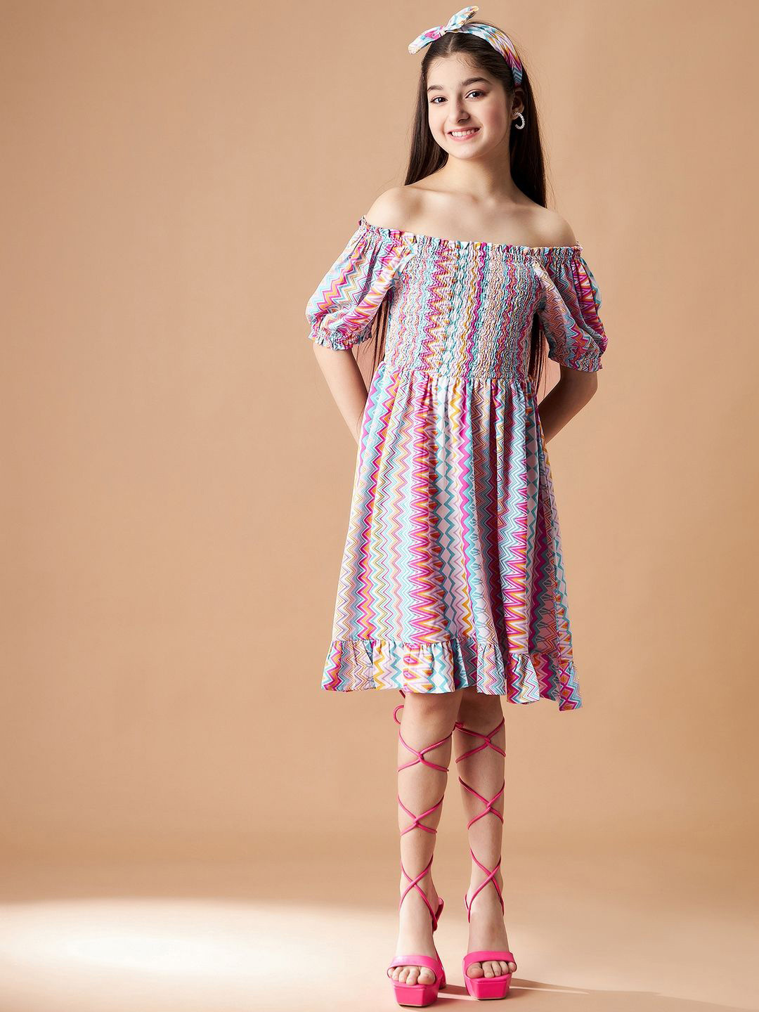Cherry & Jerry Girls Chevron Print Smocked Puff Sleeve Fit and Flare  Dress