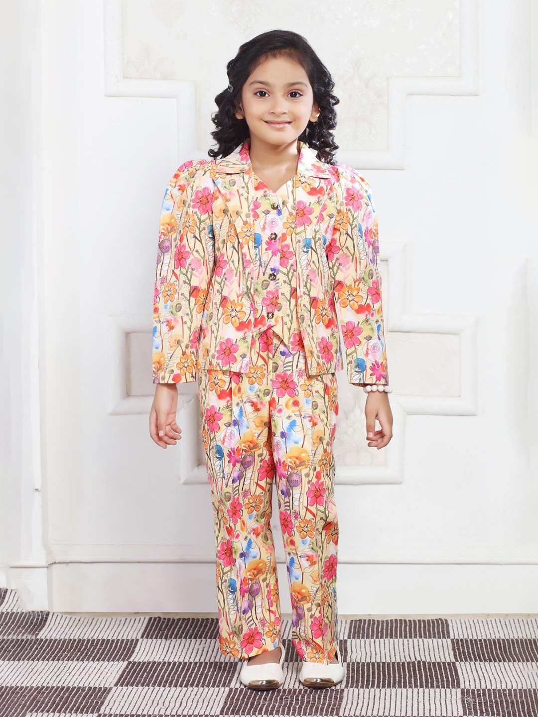 Lei-Chie Girls Printed Linen Blazer With Trousers & Waistcoat