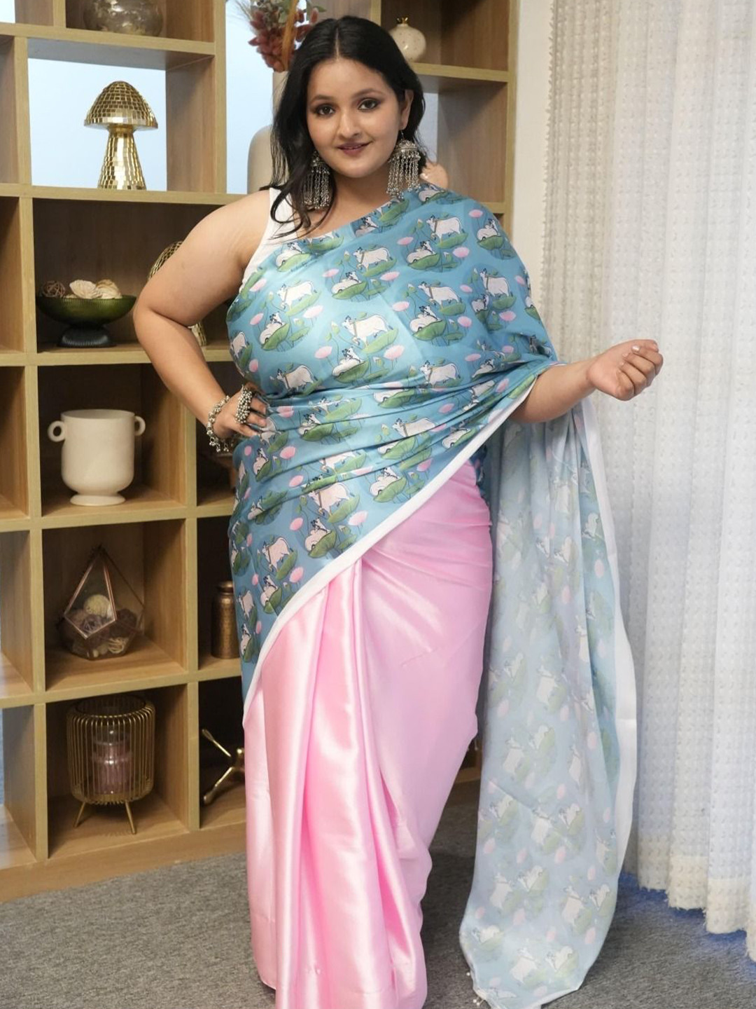 Swadeshi Shringaar Ethnic Motifs Rama And Pink Cow Plus Size Satin Saree