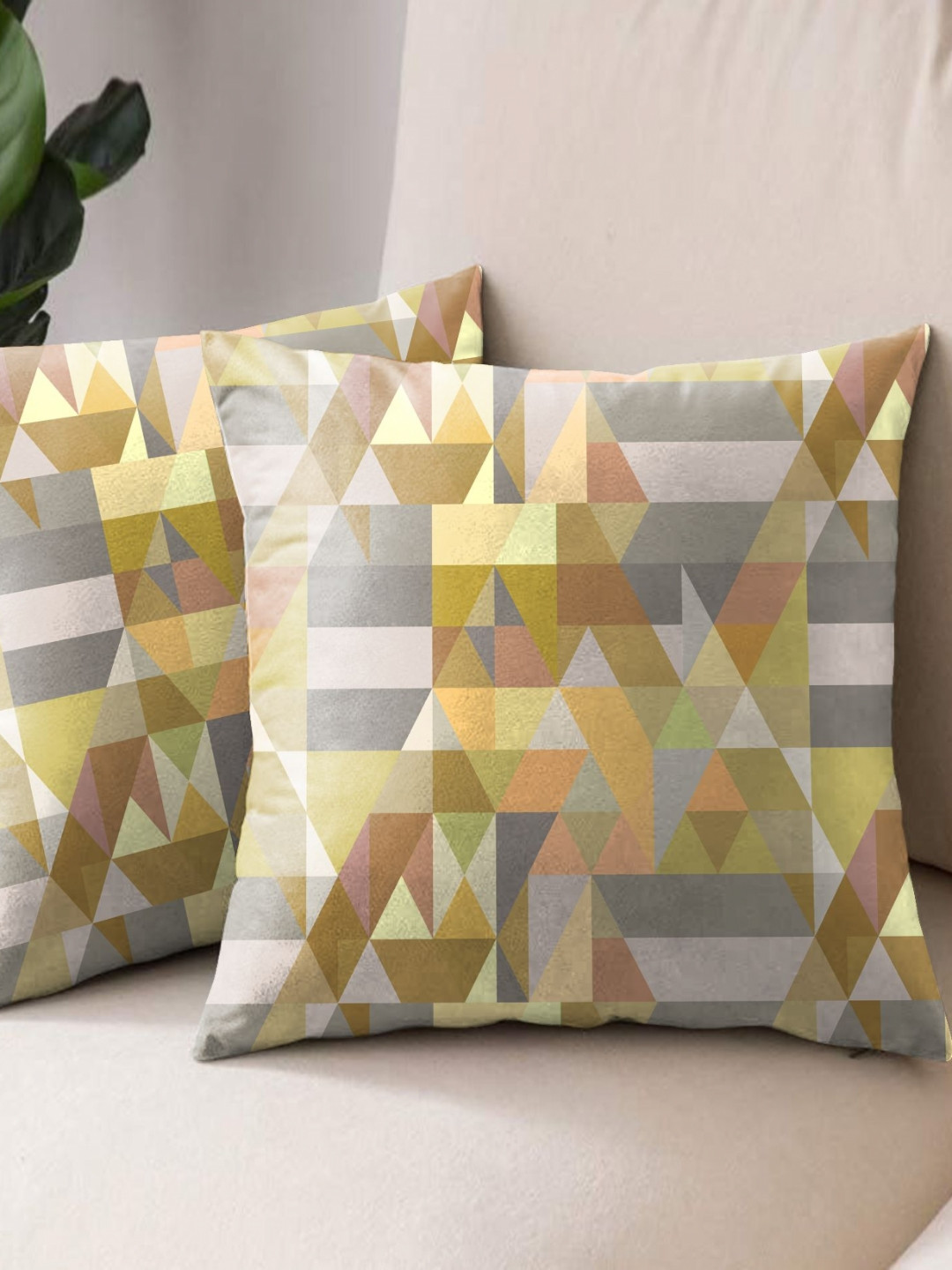 Aura Premium Ruga Yellow Abstract Polyester Washable 2 Pcs Square Cushion Covers -18x18In