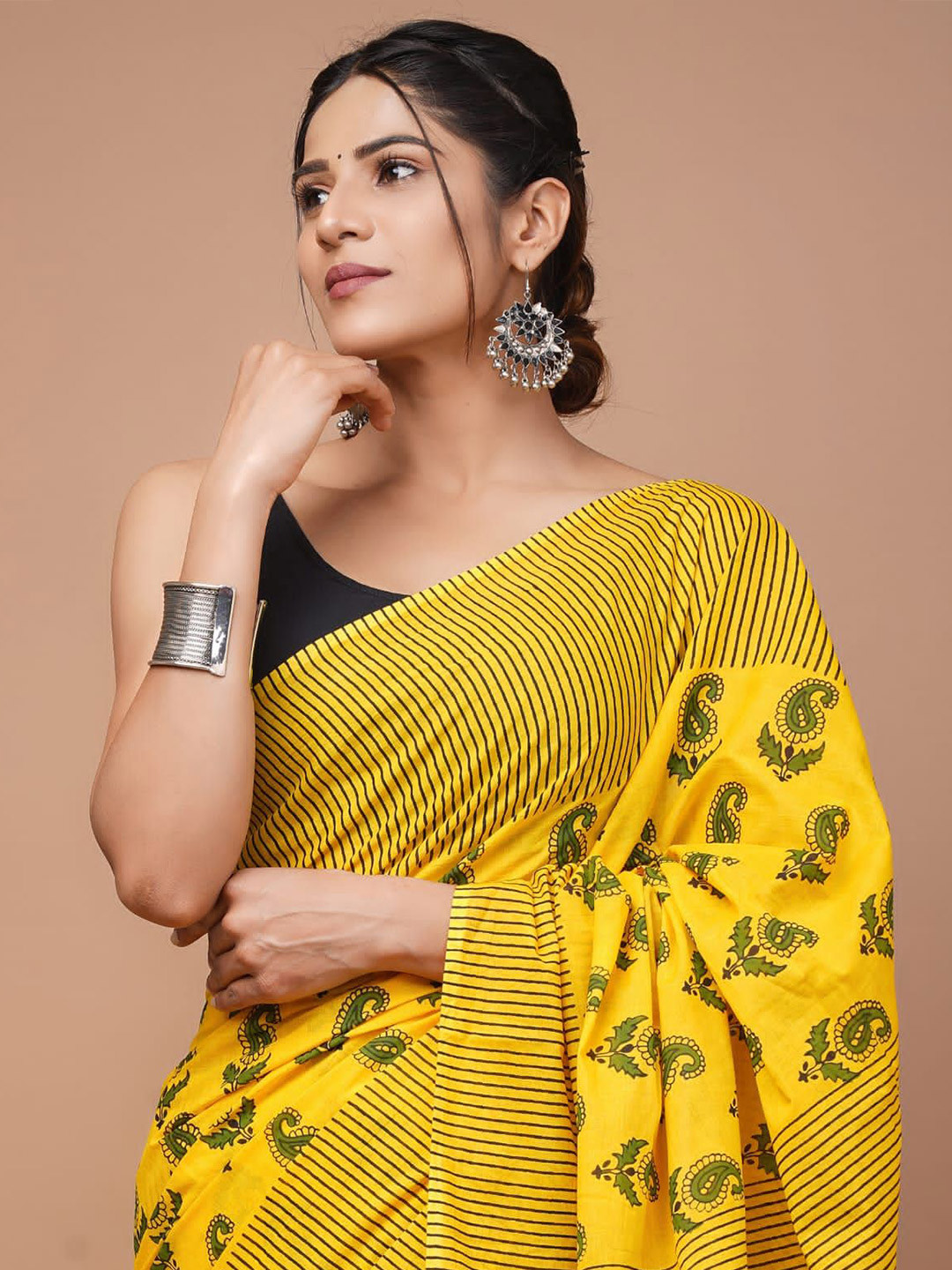 Crafts Moda Paisley Pure Cotton Block Printed Saree  with Blouse Piece