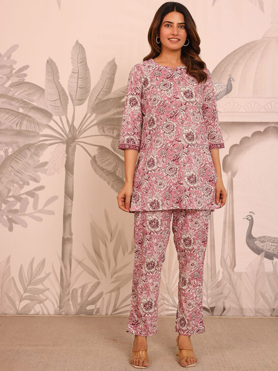 Kwatchi Pink Printed Cotton Tunic with Trousers Co-Ords
