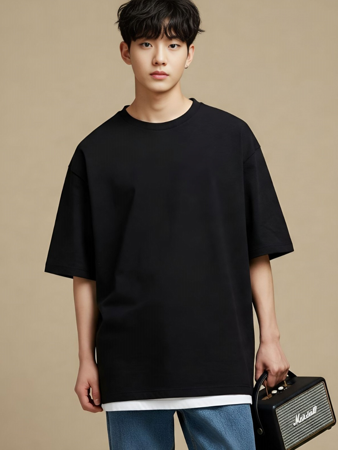 Black Round Neck Oversized Cotton T-shirt with Drop-Shoulder Sleeves