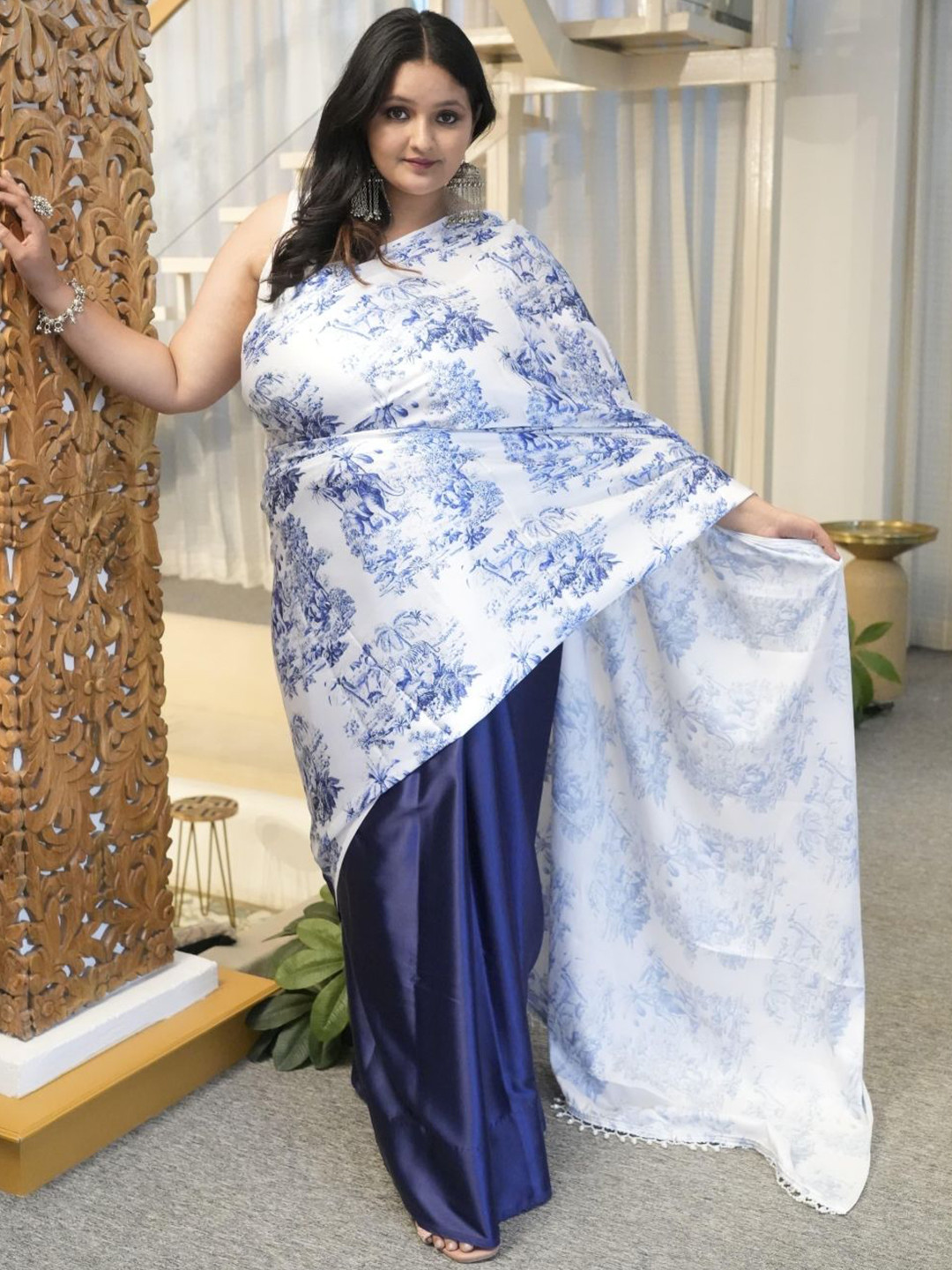 Swadeshi Shringaar Indigo Elephant Plus Size Satin Saree