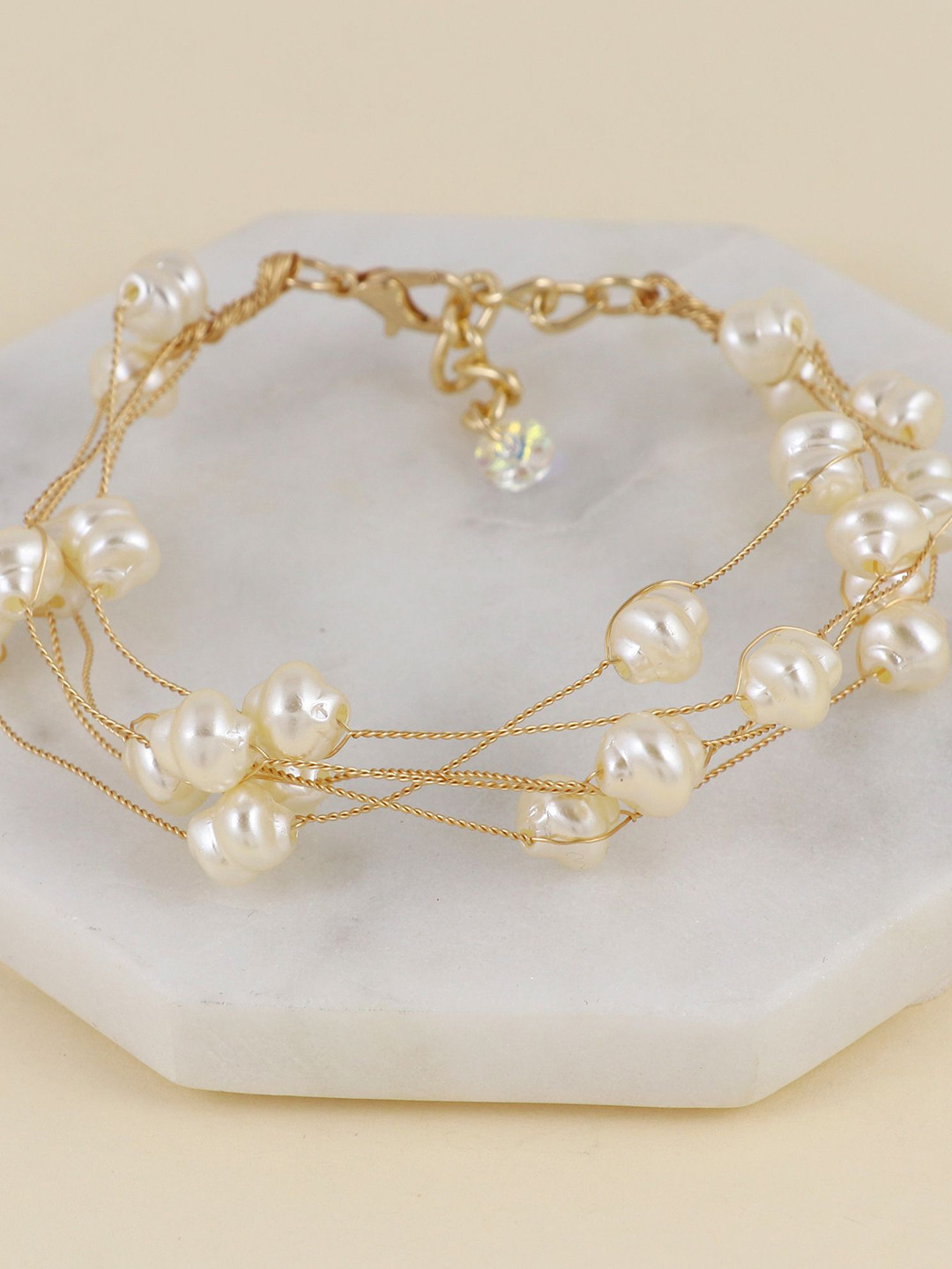 Asthetika Gold Plated Artificial Stones Studded & Beaded Multistrand Bracelet