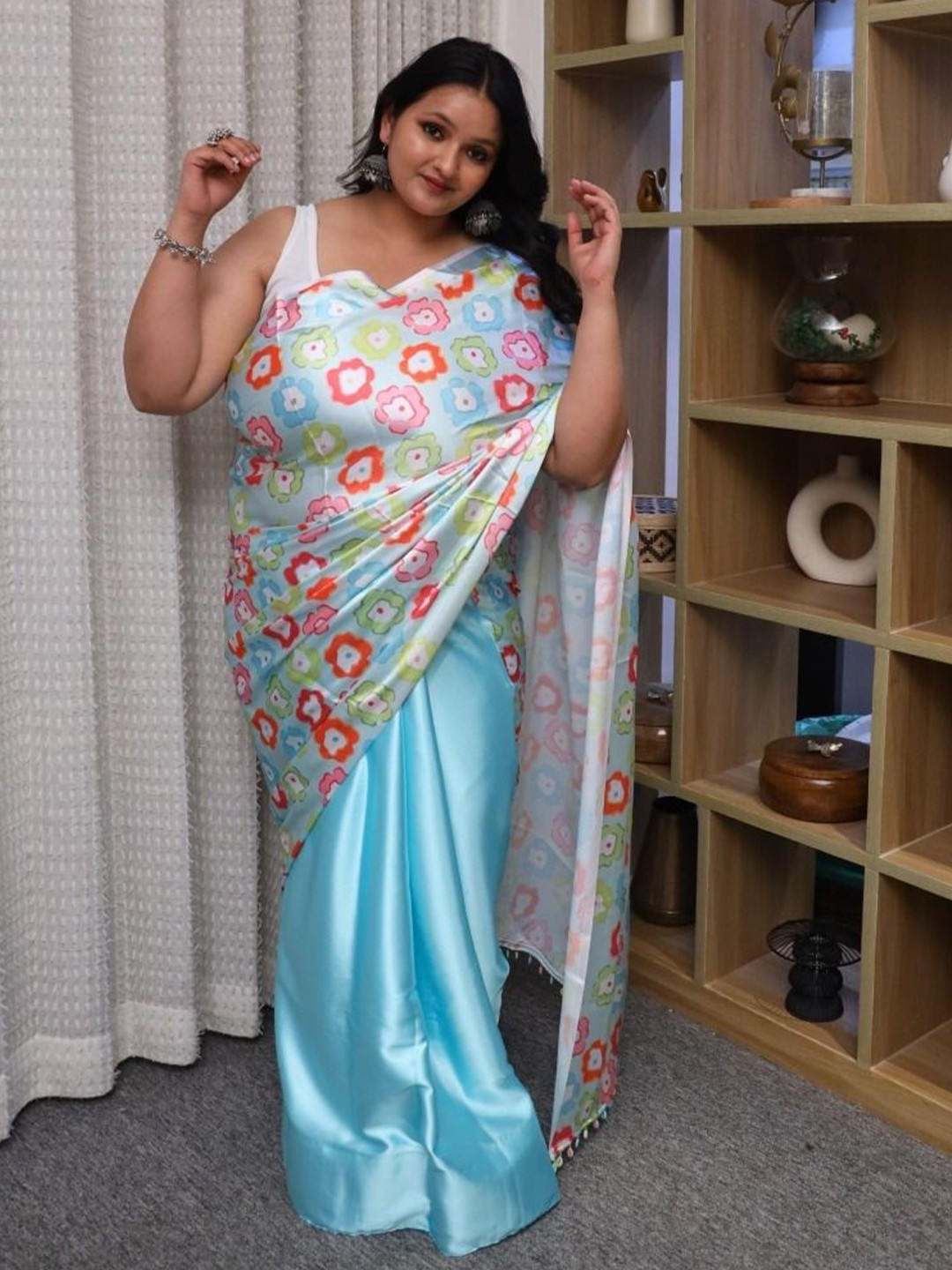 Swadeshi Shringaar Floral Printed Plus Size Half and Half Saree