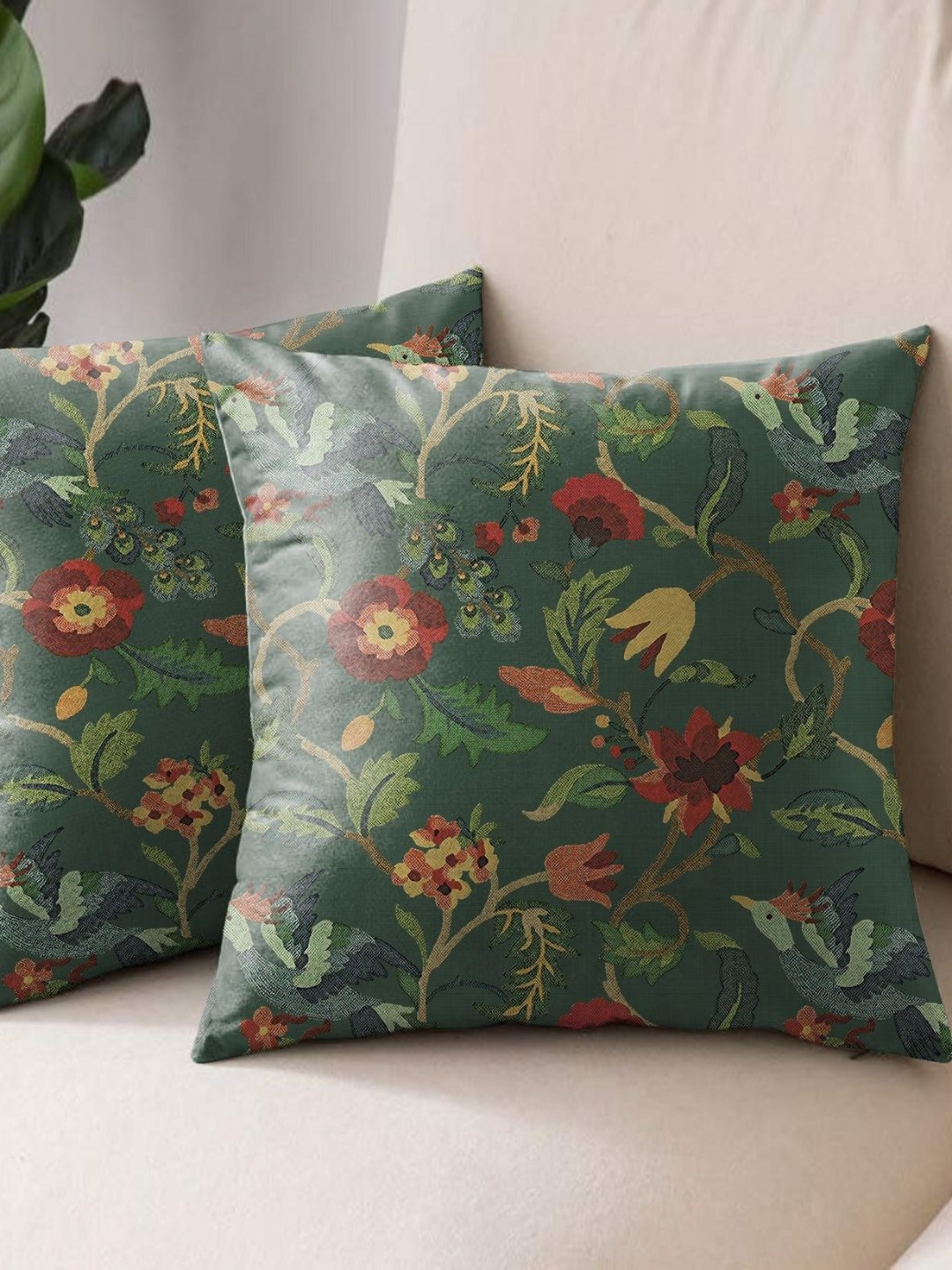 Aura Premium Cabal Green Floral Polyester Washable 2 Square Cushion Covers -16x16In