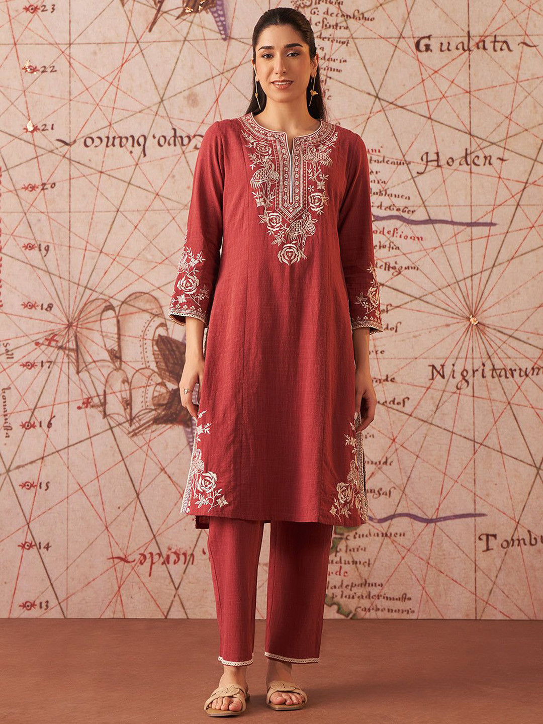 Lakshita Peach Embroidered Cotton Co-ord Set for Women