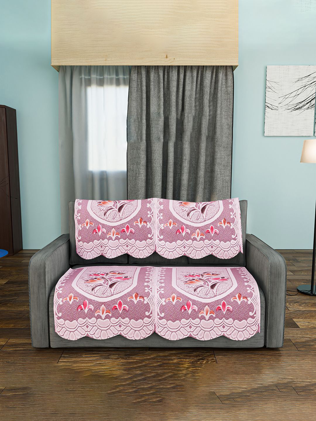 Kuber Industries Set of 4 Cotton Sofa Covers 2 Seater Flower Design