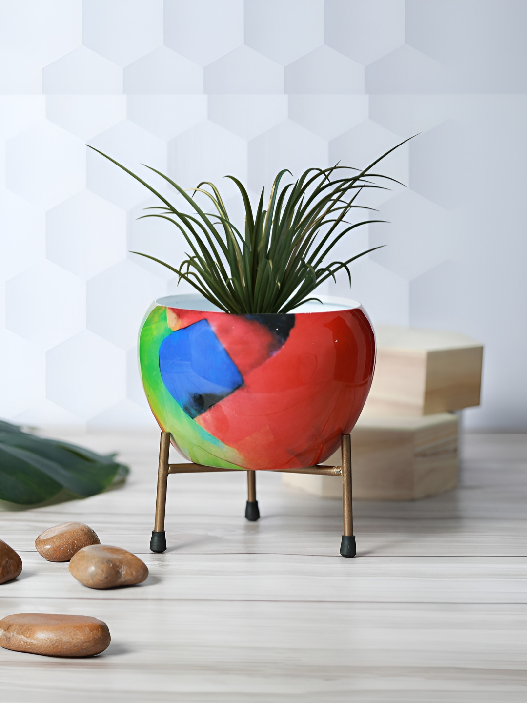 Homspurts Royal Bright Red & Green Printed Resilient Metal Apple Bowl Planter With Stand