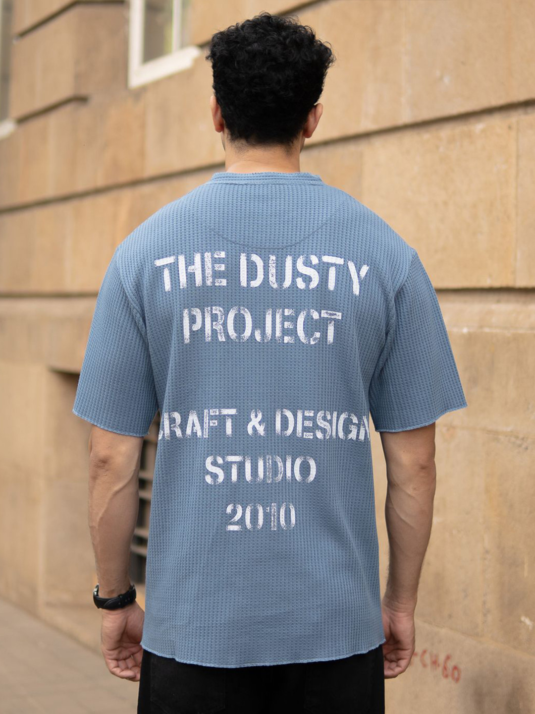 Powerlook SS25 Oversized Typography Printed Structure Knit Henley Neck T-Shirt