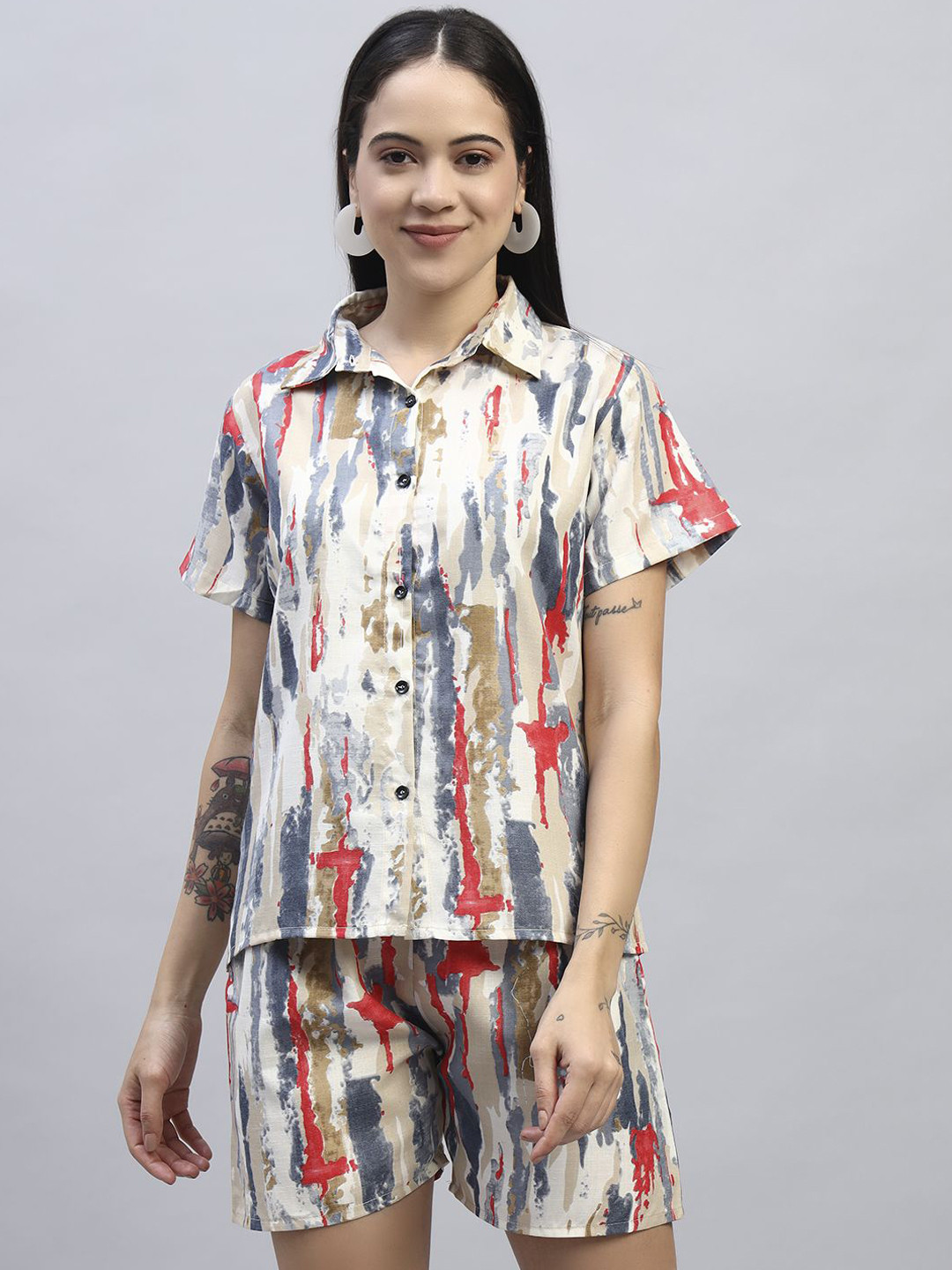 ROSEMELON Printed Shirt Collar Shirt With Shorts Co-Ords