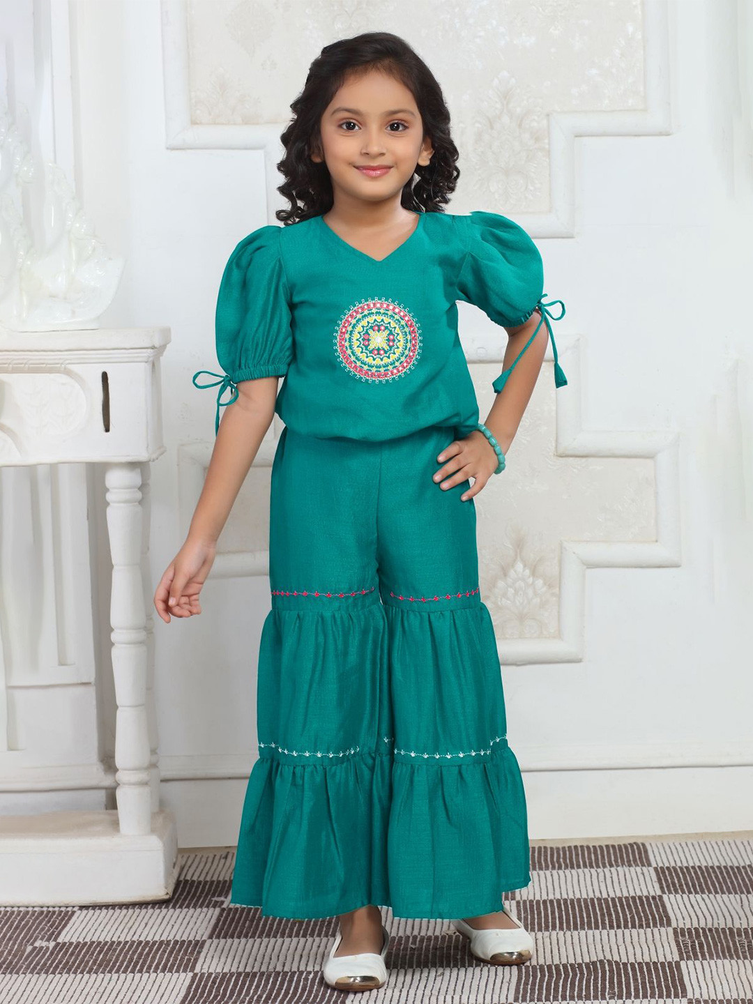 Lei-Chie Girls Embroidered Short Sleeves Top With Sharara