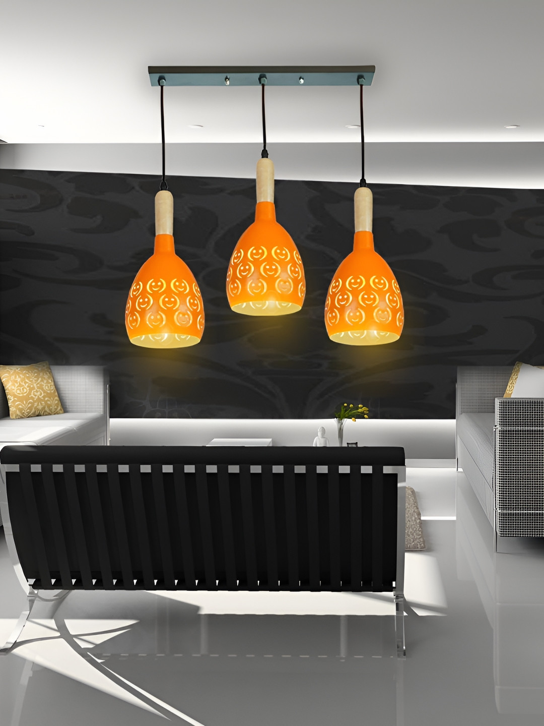 KINIS Orange & Black Smiley Printed Aluminium Quirky Ceiling Lamp