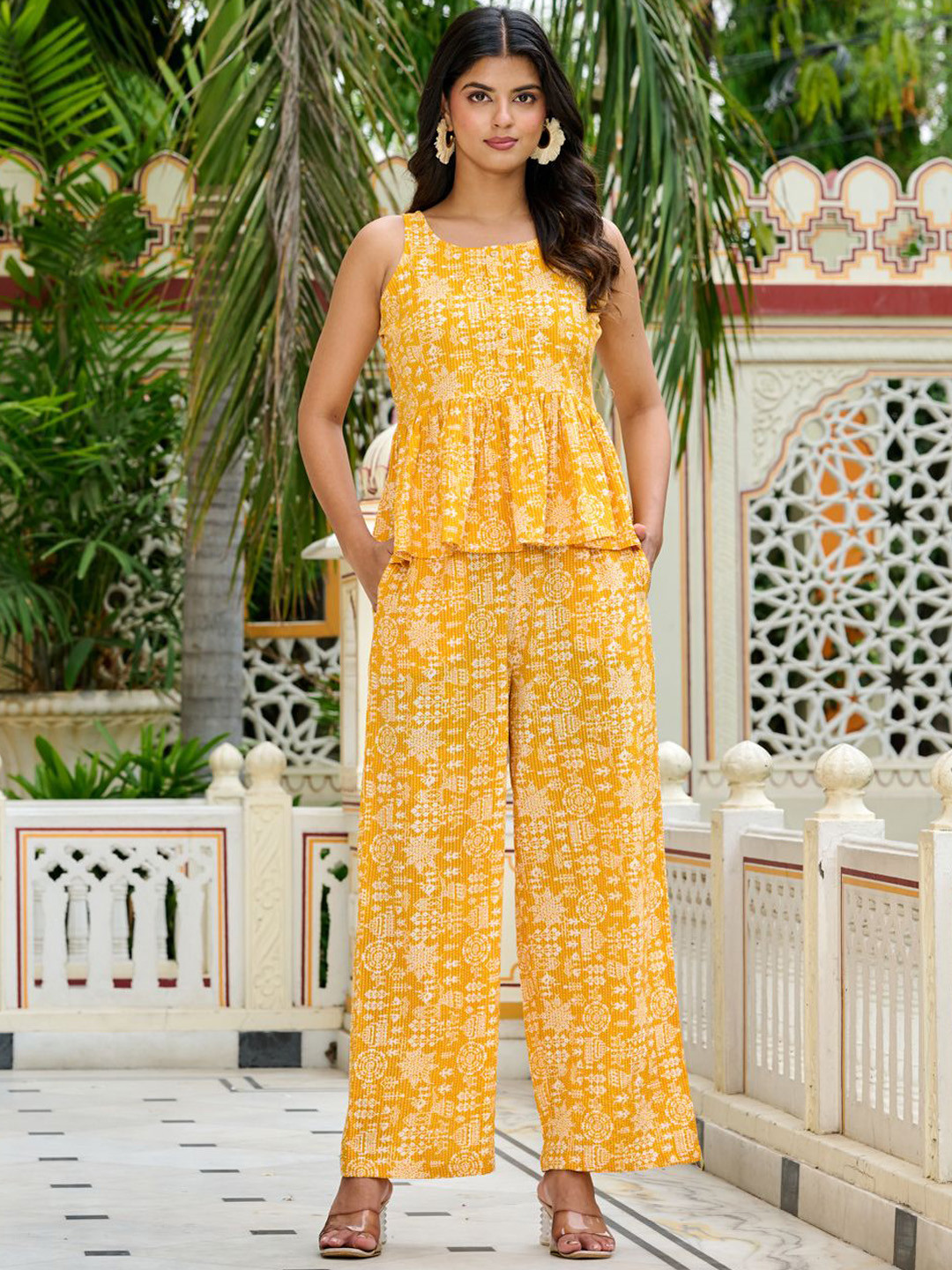 Nayo Printed Rounf Neck Pure Cotton Top With Palazzo Co-Ords