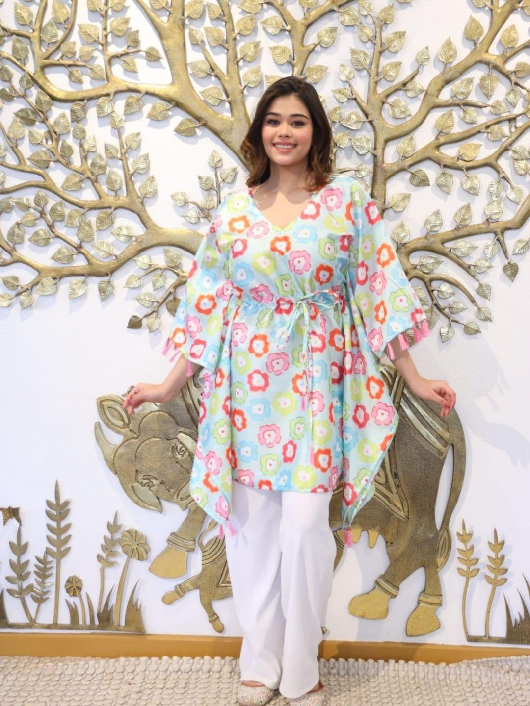 Swadeshi Shringaar Women Multicolour Flower Printed Tassels Detailed Kaftan Tunics