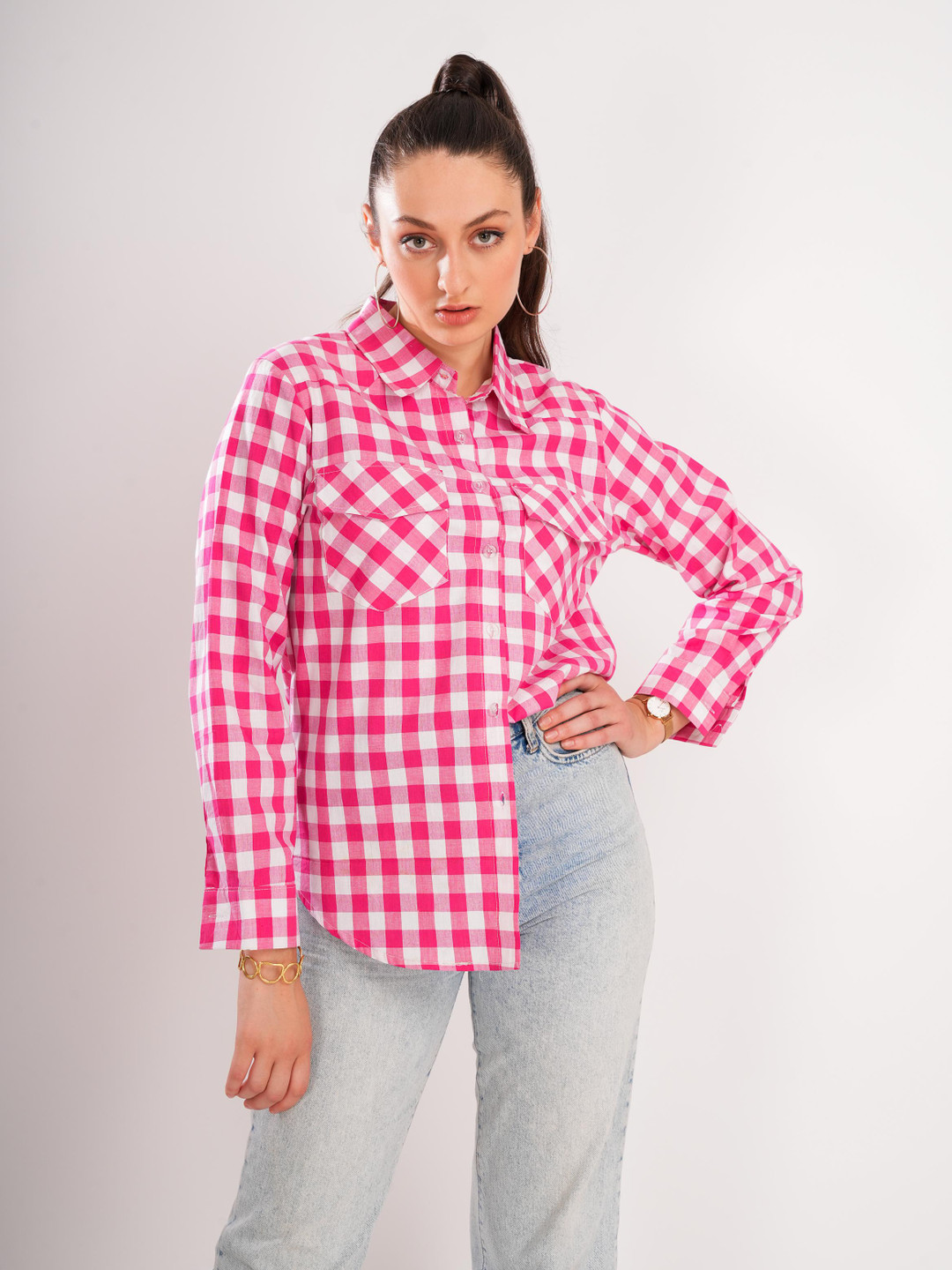 clobug Women Gingham Checks Checked Casual Shirt