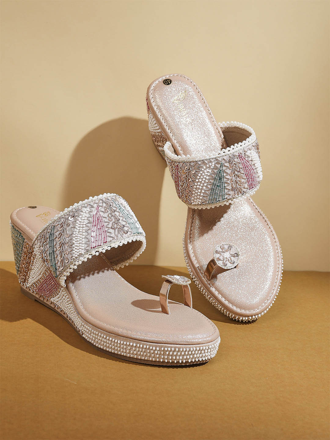 V-WALK Women Wedge Heel Toe Ring Synthetic Leather Regular Champagne Sandals