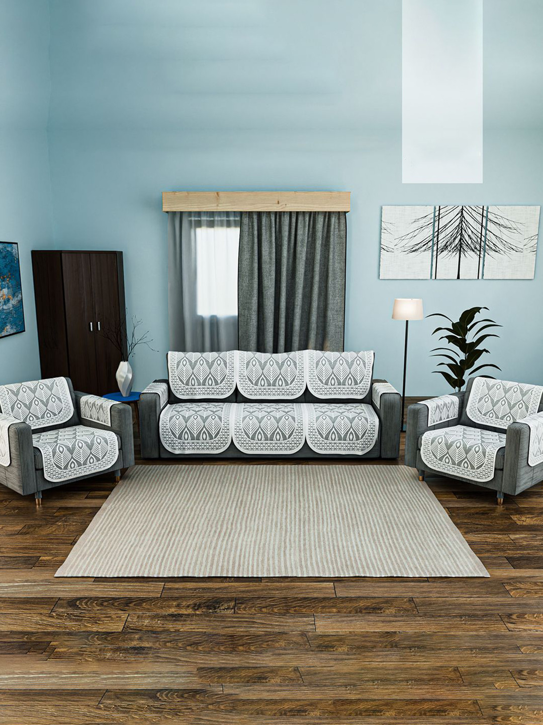 Kuber Industries Set of 16 Net Cotton Sofa Covers 5 Seater with Arms Pankh Design - Grey