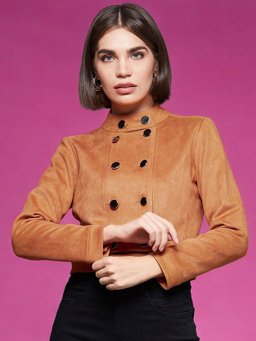 DressBerry Mandarin Collar Double Breasted Crop Tailored Jacket