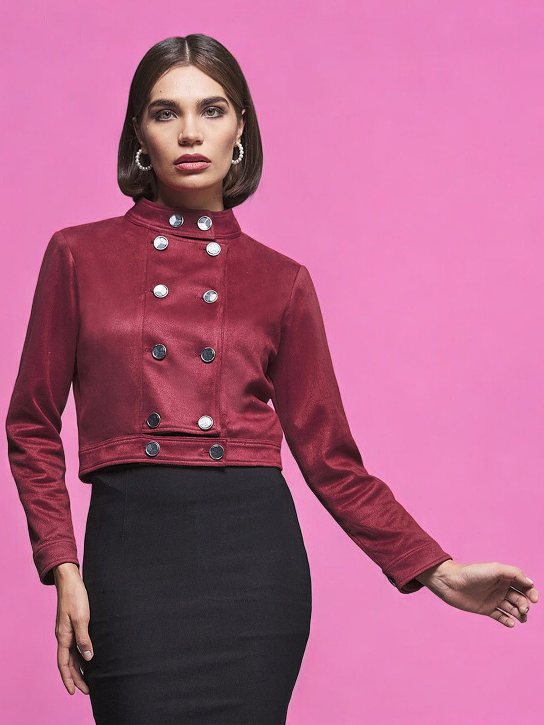 DressBerry Mandarin Collar Double Breasted Crop Tailored Jacket