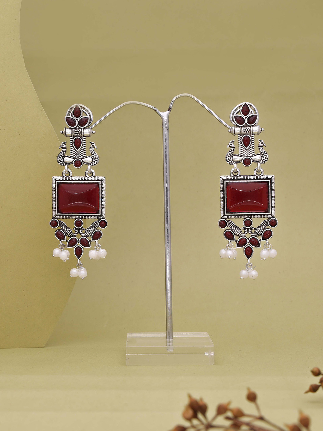 DIVASTRI Silver-Plated Artificial Stones Studded & Beaded Peacock Shaped Drop Earrings