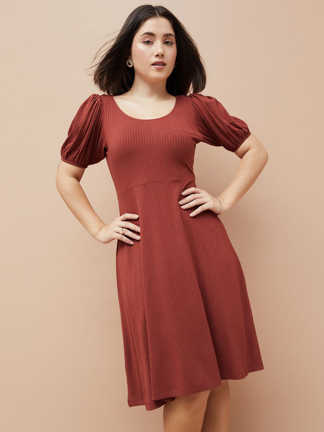 CODE by Lifestyle Women Solid Puff Sleeve Fit & Flare Dress