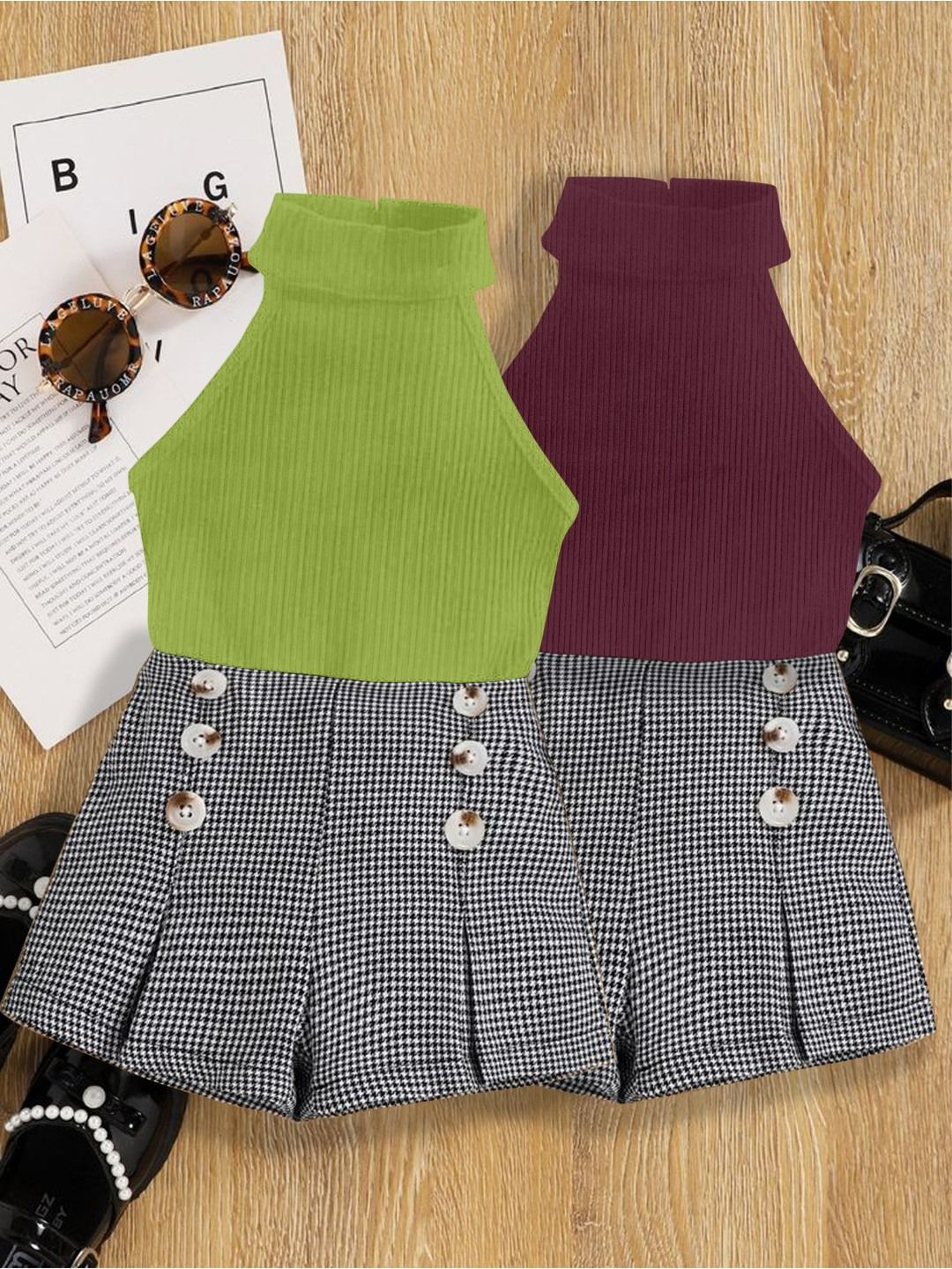 DEL LUNA Kids-Girls Pack Of 2 Stripped Halter Neck Top And Skirt