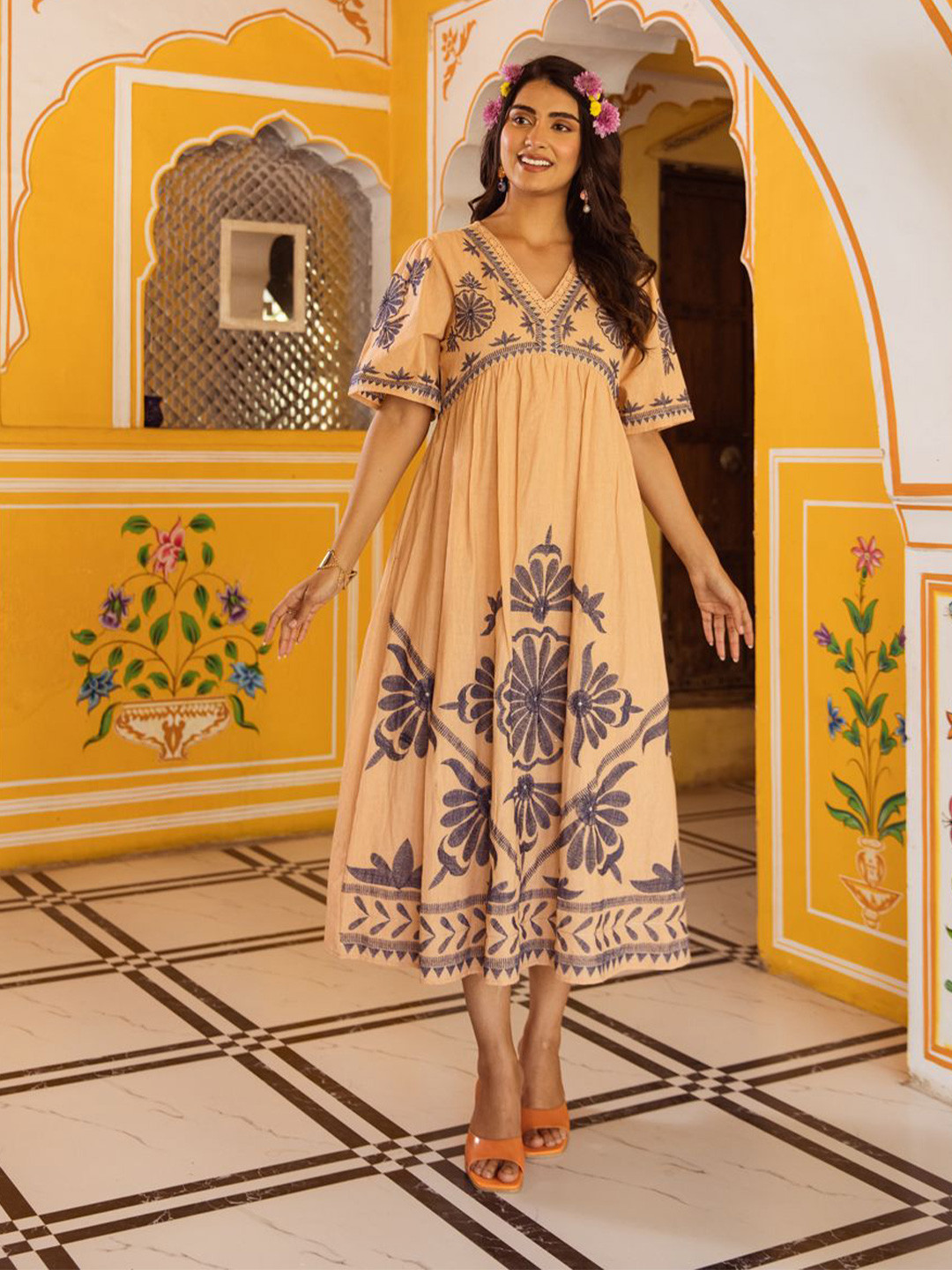 CUSTARD Women Beige Cotton Embroidered V Neck Midi Western Dress