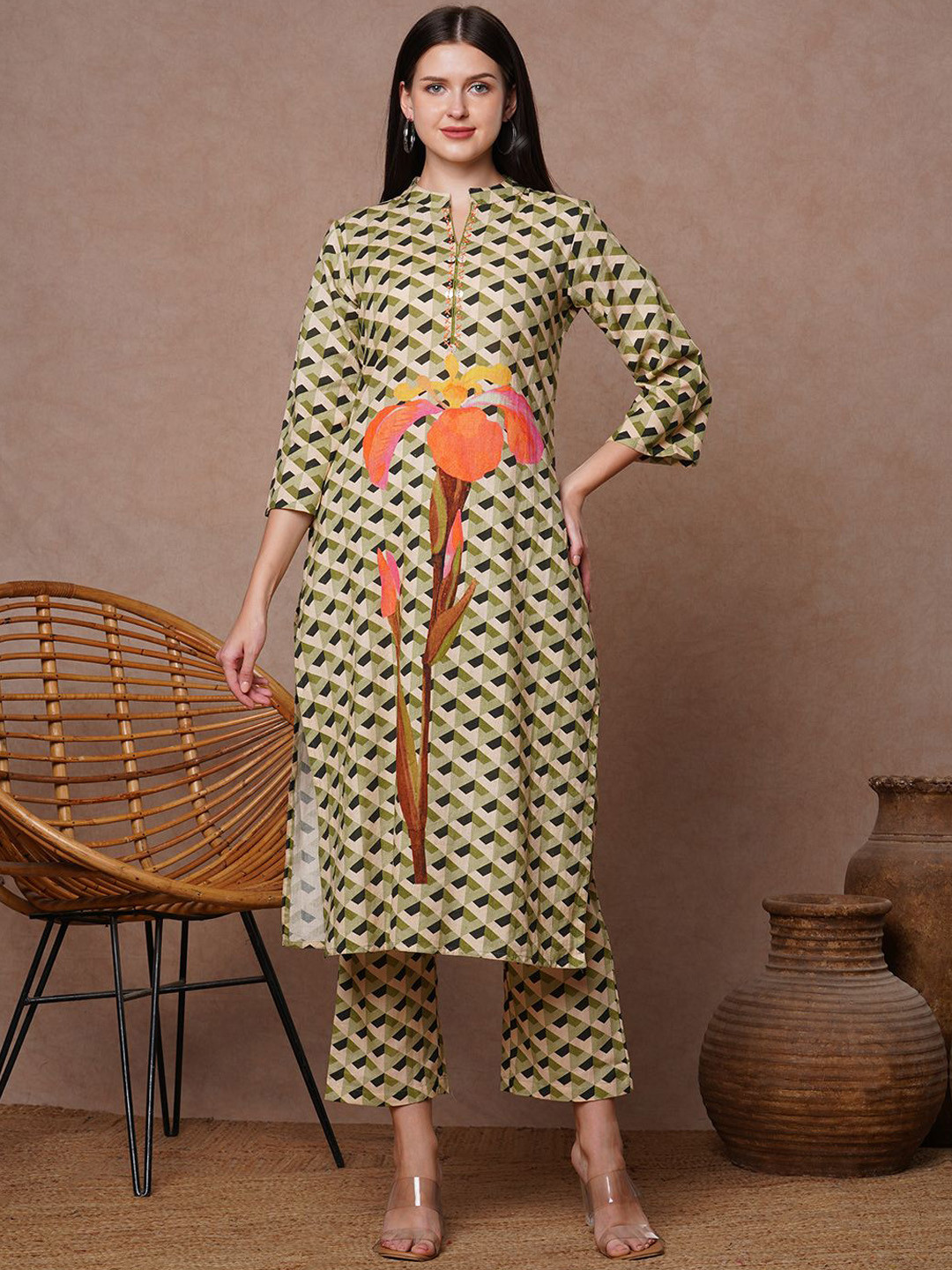 FASHOR Geometric & Floral Printed Straight Fit Tunic & Trousers Co-Ord Set