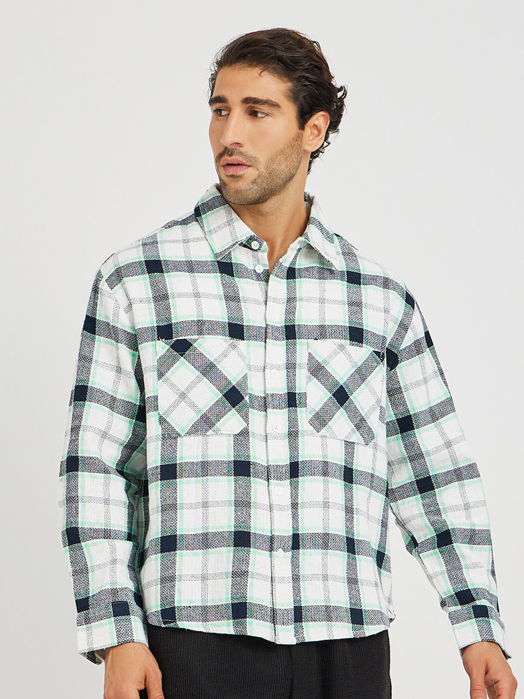 Styli Men Yarn Dyed Check Oversized Pocket Detail Long Sleeve Shirt