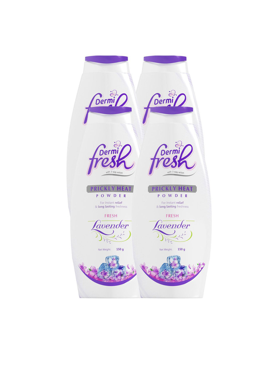 DERMIFRESH Set Of 4 Fresh Prickly Heat Powder For Long Lasting Cooling Lavender 150 g Each