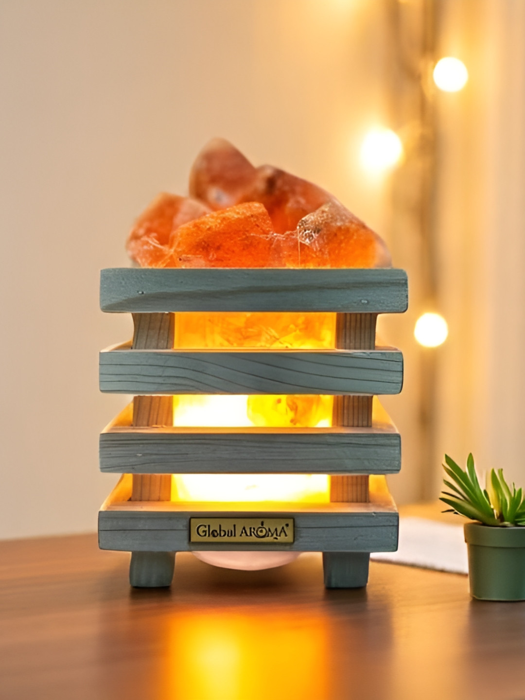 GLOBAL AROMA Beige & Orange Colored Wooden Contemporary Square Shaped Table Lamp With Bulb