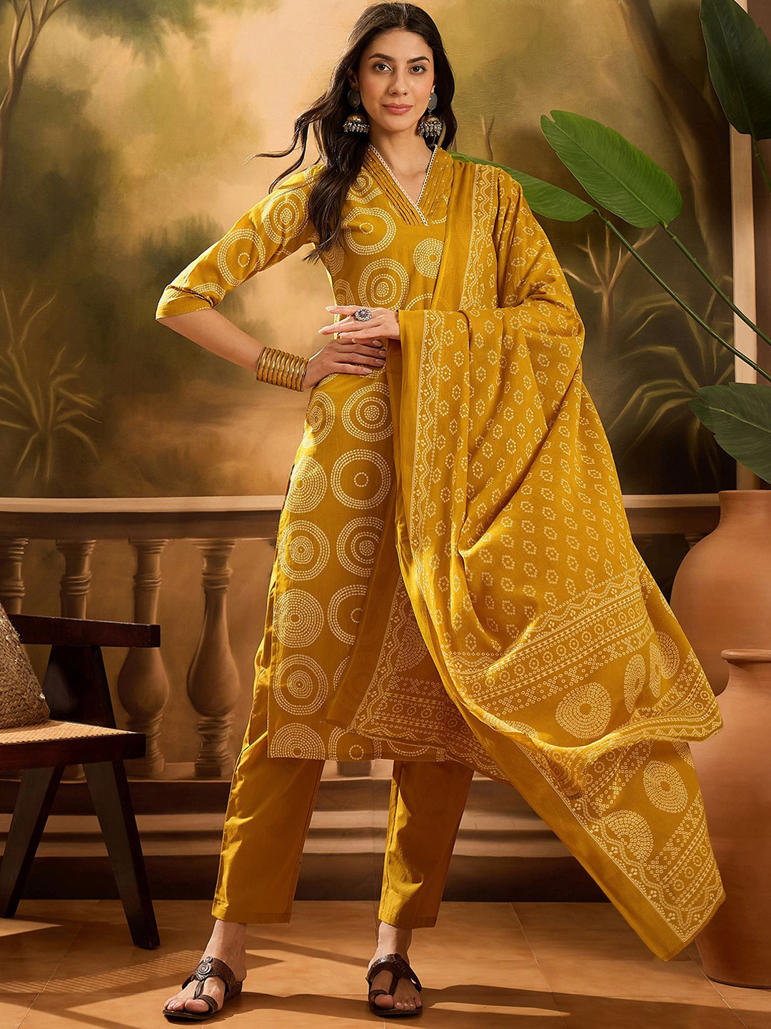 Sangria Bandhani Printed Pure Cotton Straight Kurta With Trousers & Dupatta Set