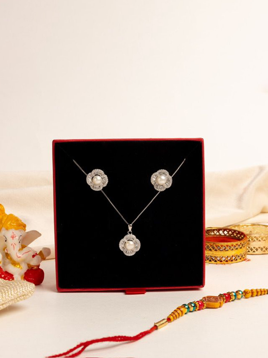 Twenty One Jewels Rhodium-Plated  Zircon Stone Studded Jewellery Set