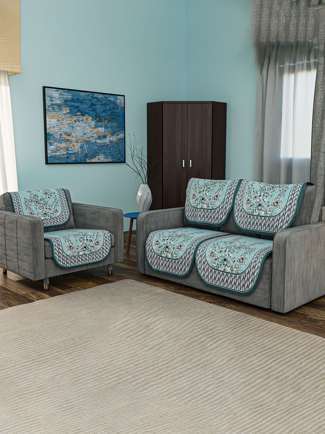 Kuber Industries Toronto Blue & Black 6 Pieces Floral Printed 3 Seater Cotton Sofa Covers