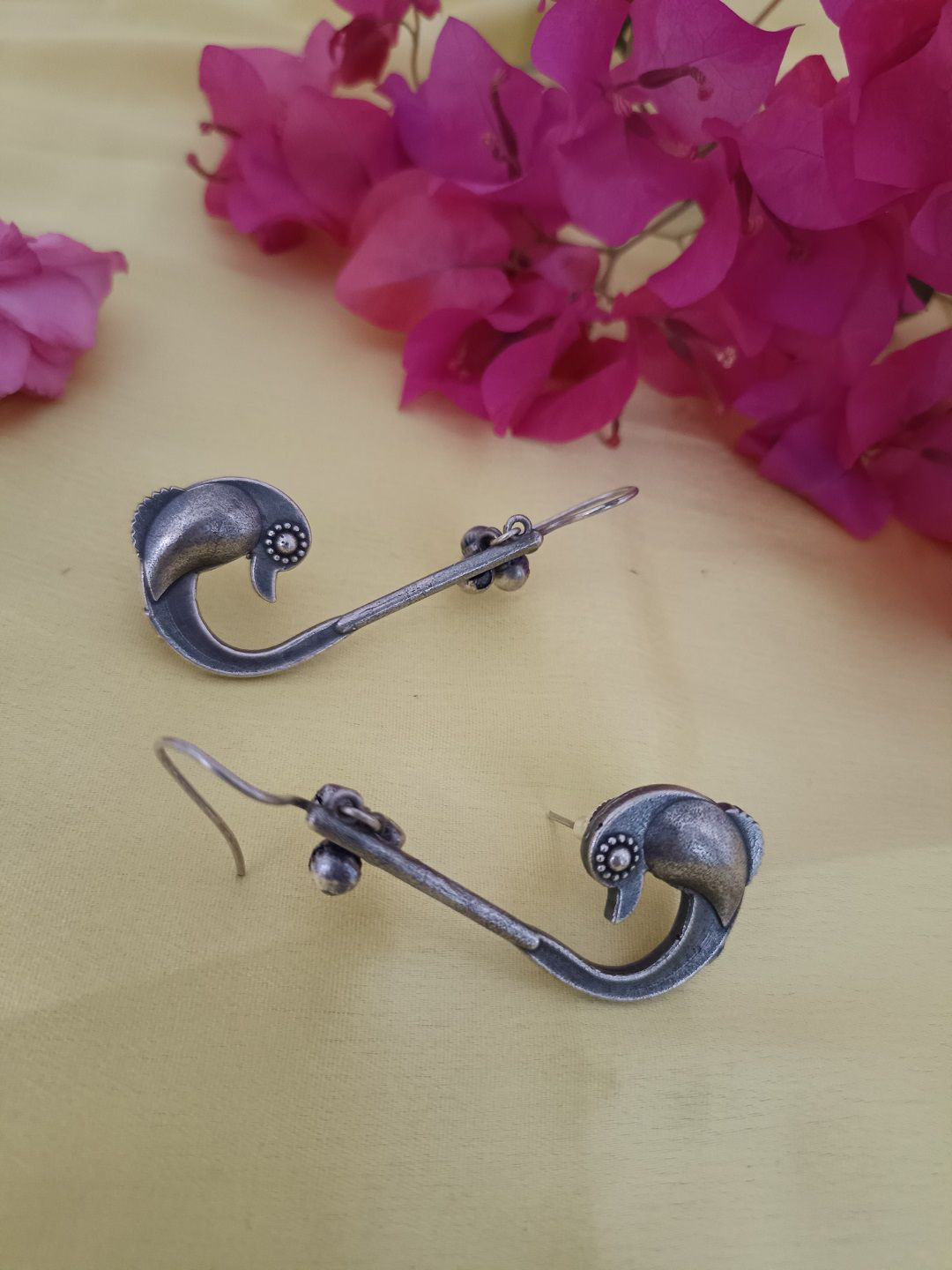 Sanjog German Silver Plated Artificial Beaded Bird Shape Oxidised Ear Cuff Earrings