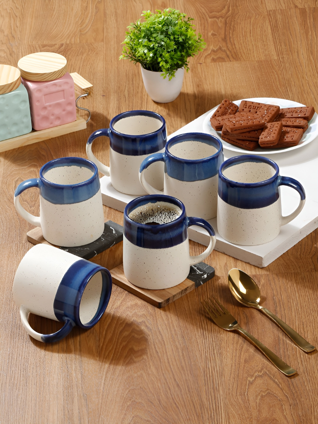 Myntra Elegant Homes Glazed Blue Ceramic Handmade 6 Piece Mugs-320ml