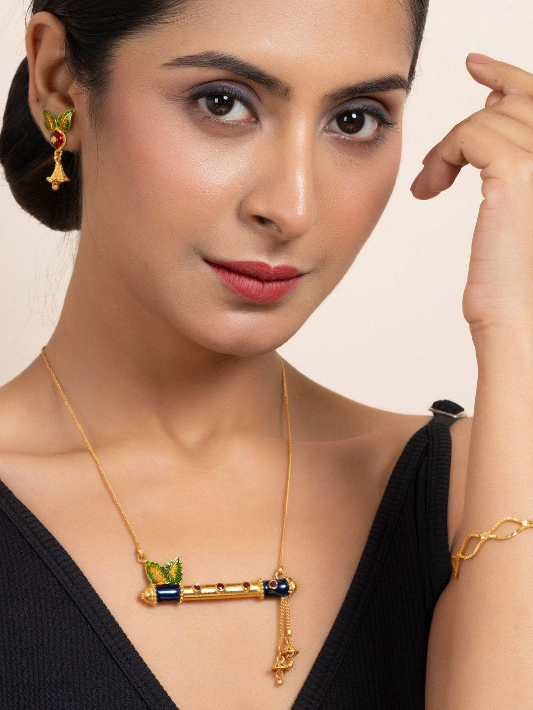 Look and Adorn Gold Plated Meena Flute Pendant Necklace Set with Earrings
