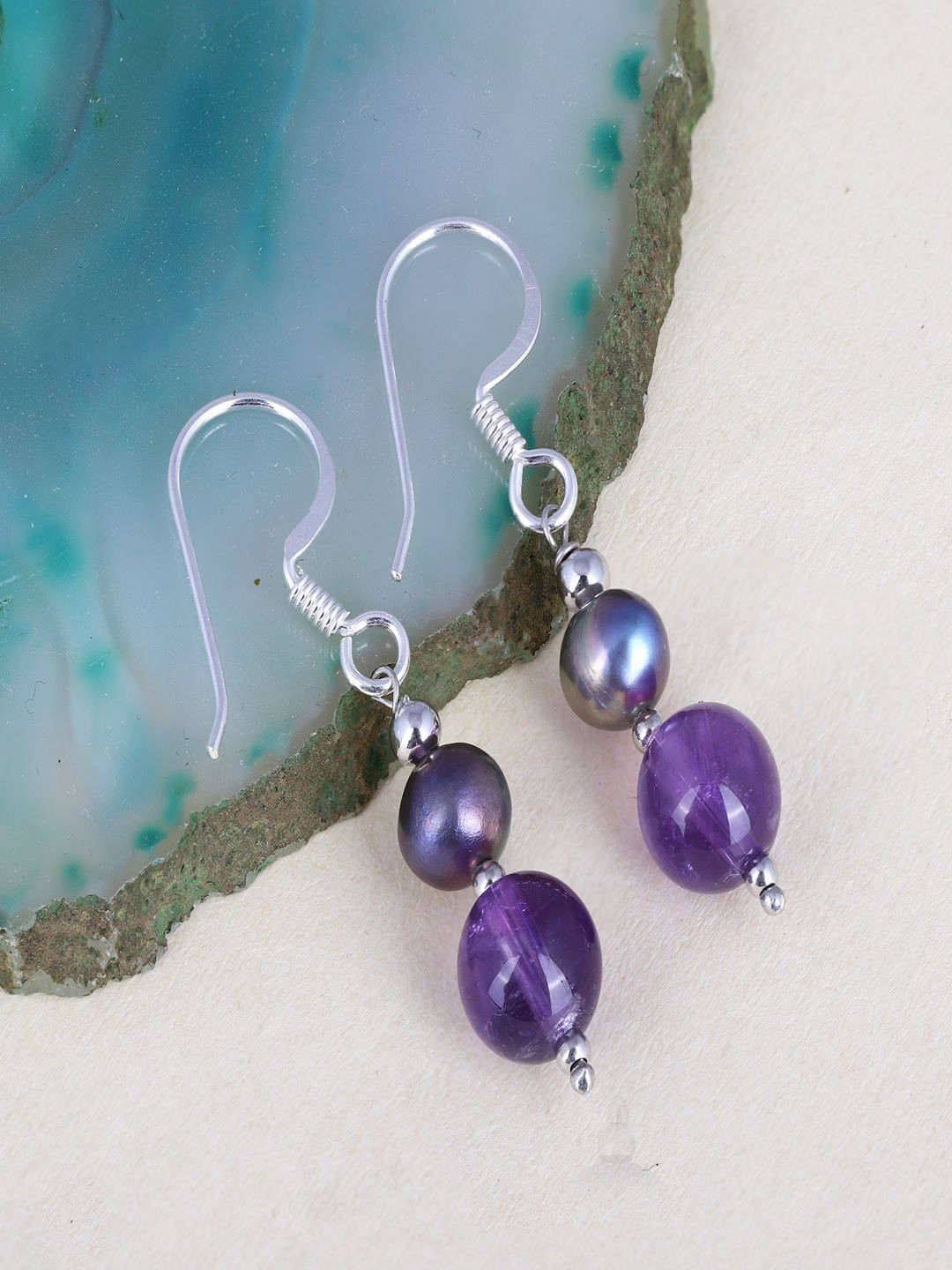 Nirvana Sterling Silver Rhodium-Plated Amethyst Beaded Spherical Shaped Drop Earrings