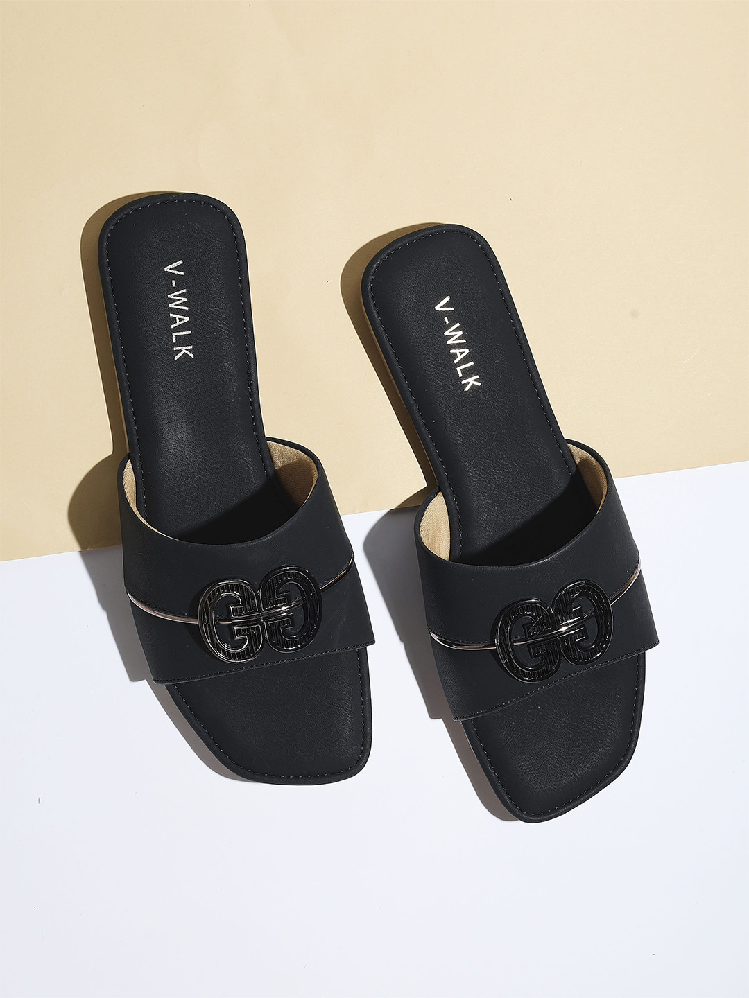 V-WALK Women Decorative Buckle Open Toe Slip-On Flats