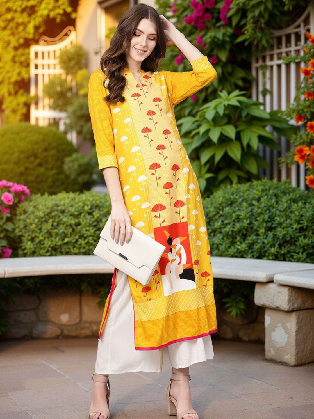 Pannkh Flamingo Printed Mandarin Collar Straight Kurta