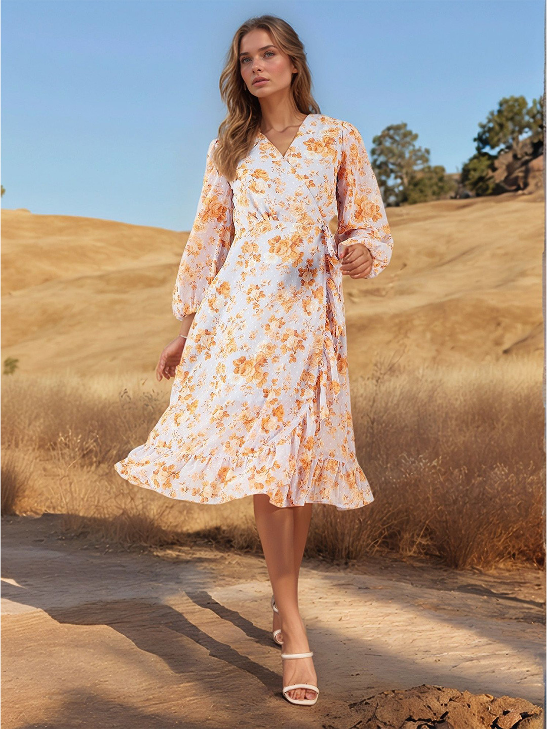 ZYNG Women Floral Printede Bishop Sleeve Wrap Midi Dress